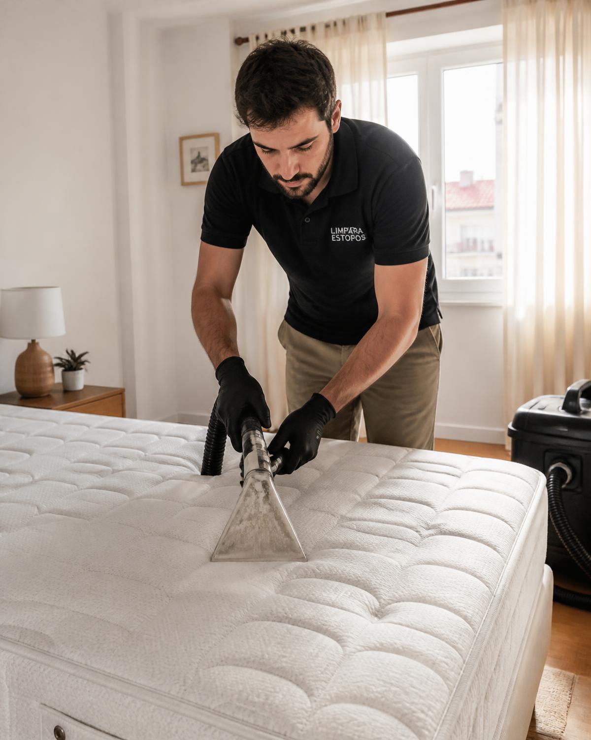Higienização profunda de um colchão num quarto luminoso